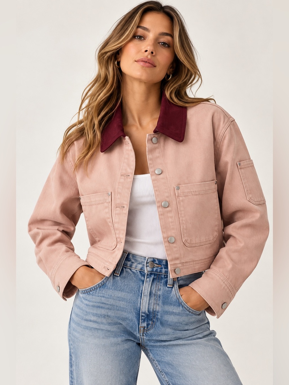 For All Mankind Pink Denim Jacket Faux Suede Burgundy Collar Utility Pockets